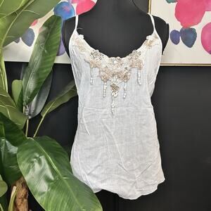 VTG Y2K Funkadelic White Cotton Tank Top with Beaded Embellishments and Lace